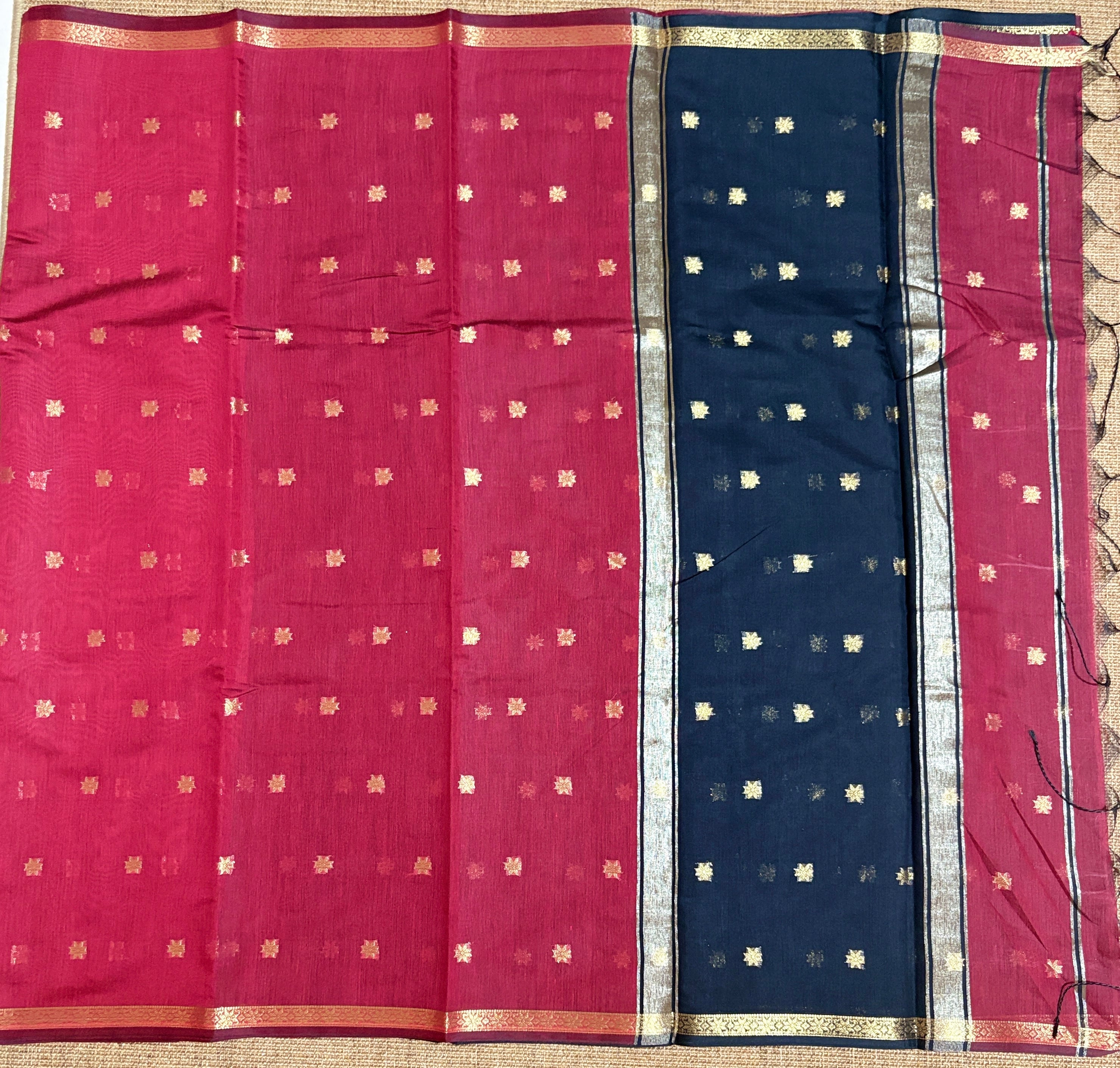 Classic Red & Black Kalyani Cotton Saree with Golden Border & Buttas