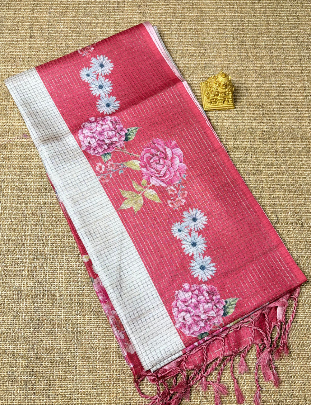 Cream & Orange Floral Raw Silk Saree
