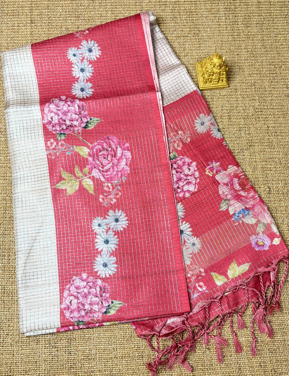 Cream & Orange Floral Raw Silk Saree