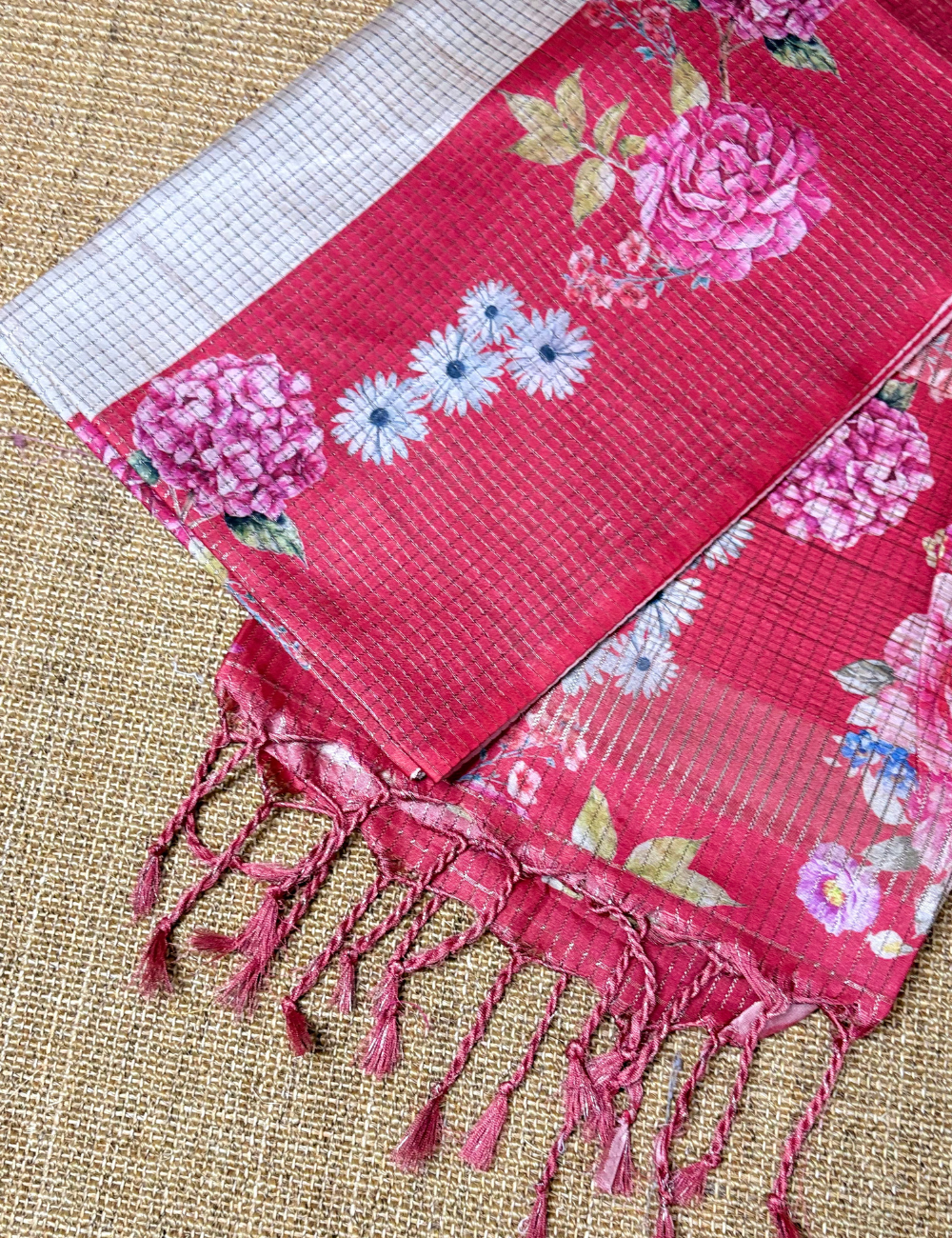 Cream & Orange Floral Raw Silk Saree