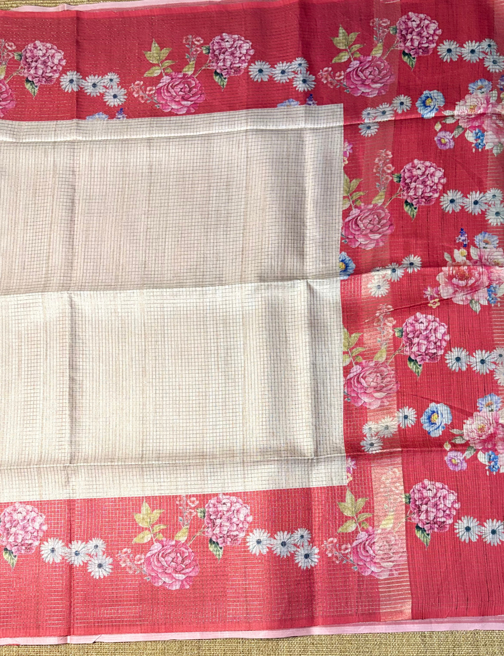 Cream & Orange Floral Raw Silk Saree