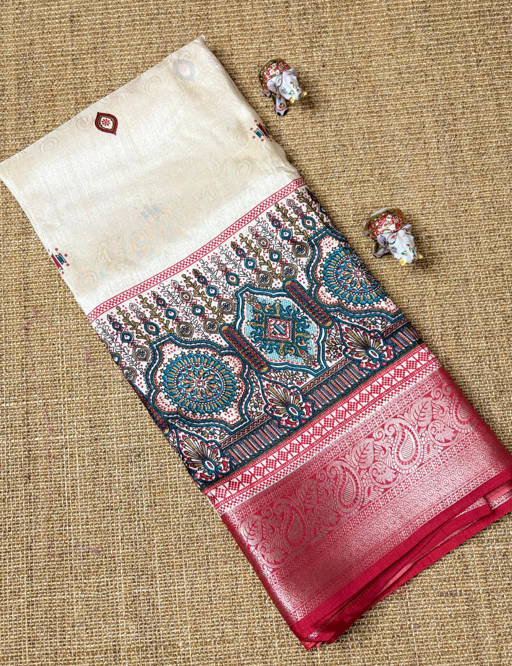 Cream  with Red & Green  Border Tussar saree