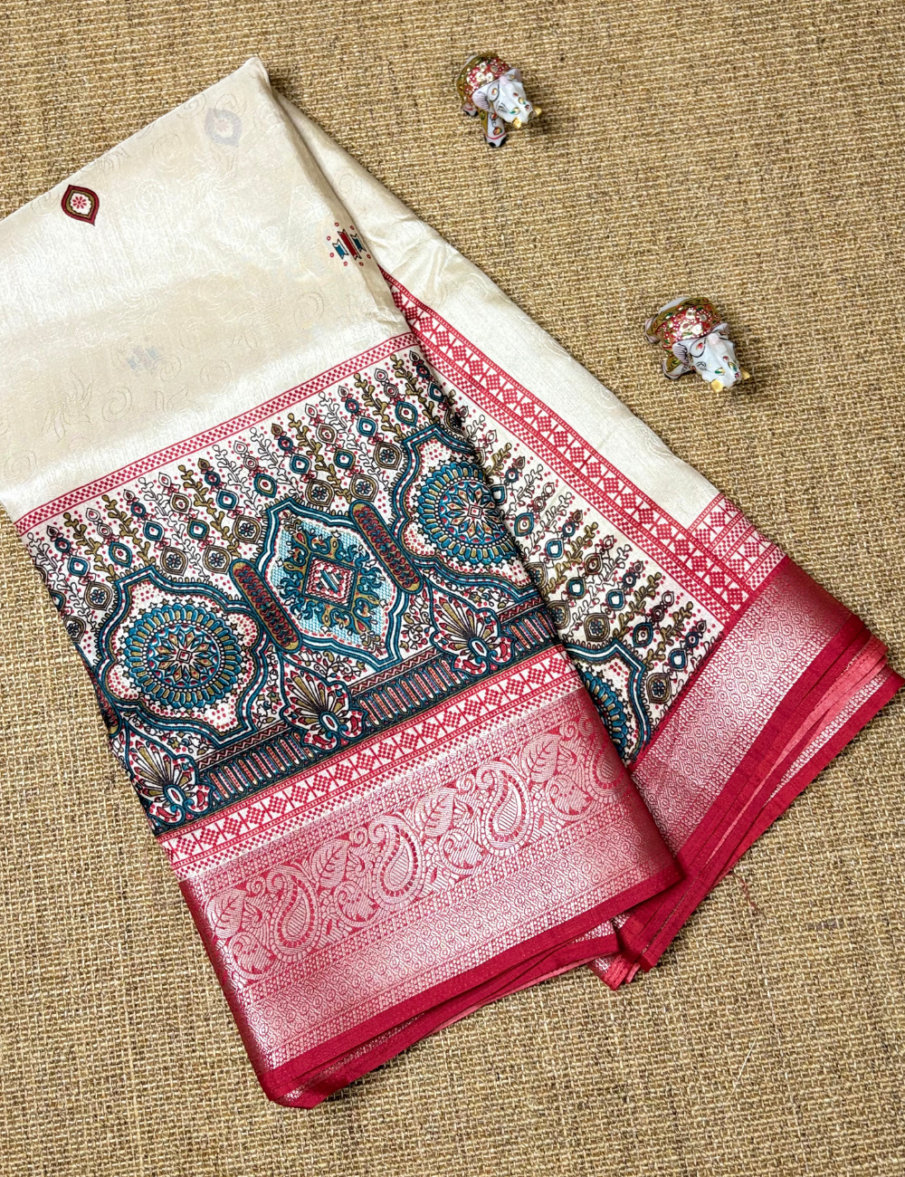 Cream  with Red & Green  Border Tussar saree