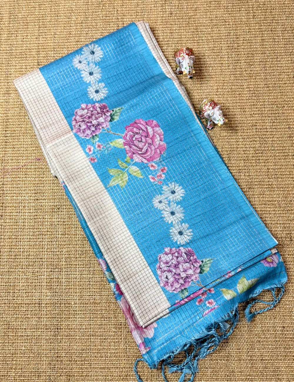 Blue Floral RAW SILK SAREE