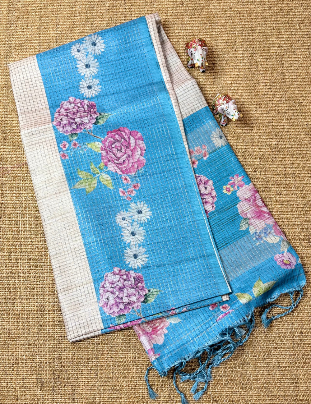 Blue Floral RAW SILK SAREE