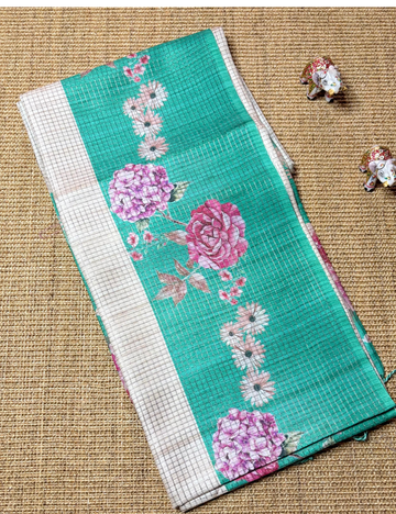 Green Floral Printed Raw Silk Saree