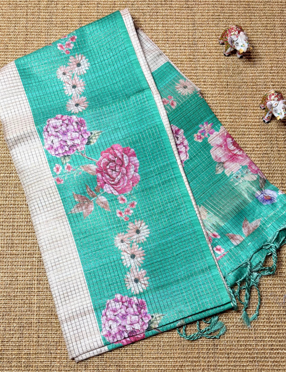 Green Floral Printed Raw Silk Saree