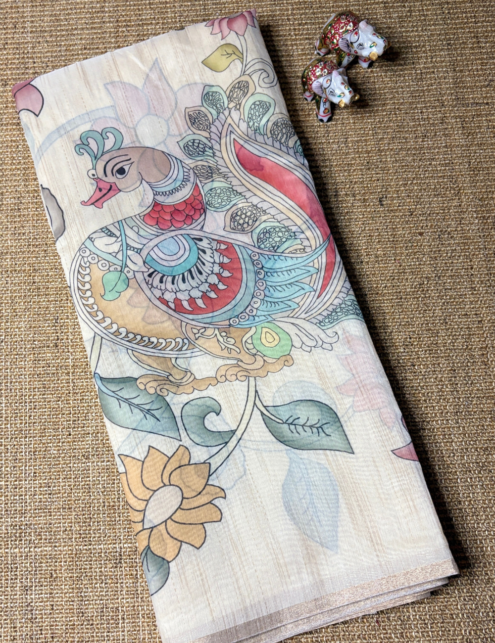 Ivory White Chanderi Cotton Saree with Handcrafted Kalamkari Floral & Bird Motifs