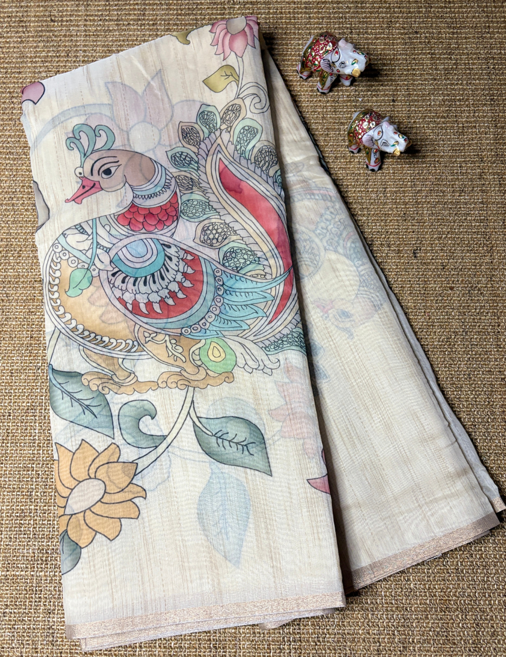 Ivory White Chanderi Cotton Saree with Handcrafted Kalamkari Floral & Bird Motifs