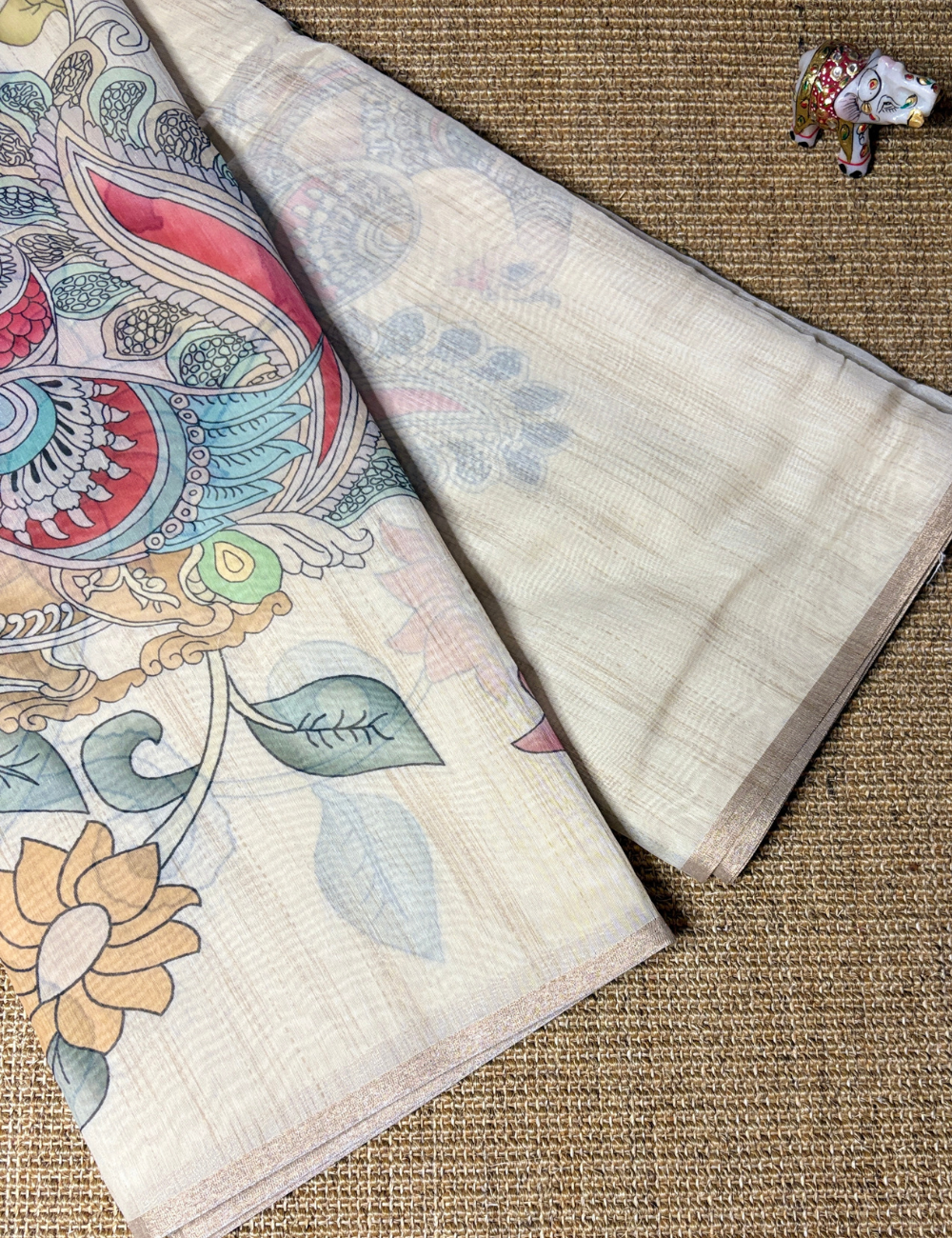 Ivory White Chanderi Cotton Saree with Handcrafted Kalamkari Floral & Bird Motifs