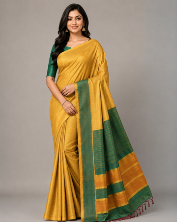 Mustard Yellow With Emerald Green Raw Silk Saree